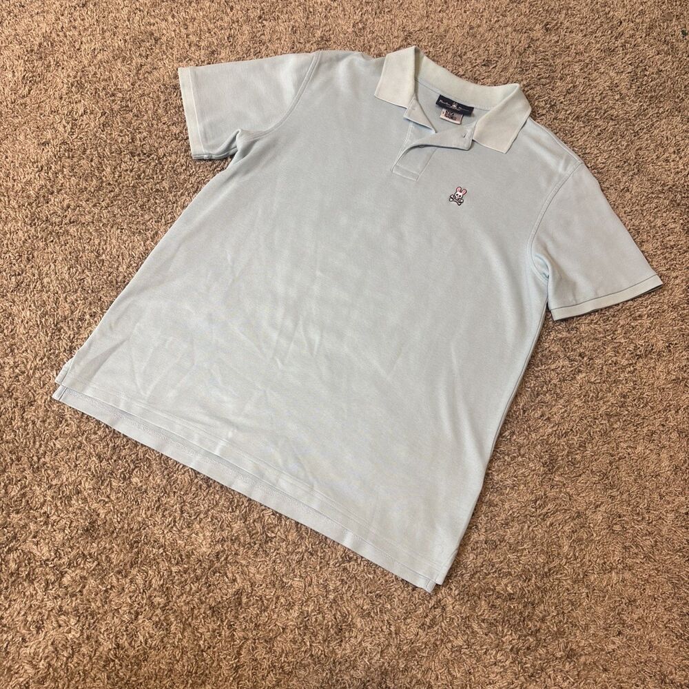Psycho Bunny Polo Shirt Mens size 5 (M) Blue Pima Cotton Pique Skull Bones Y2k